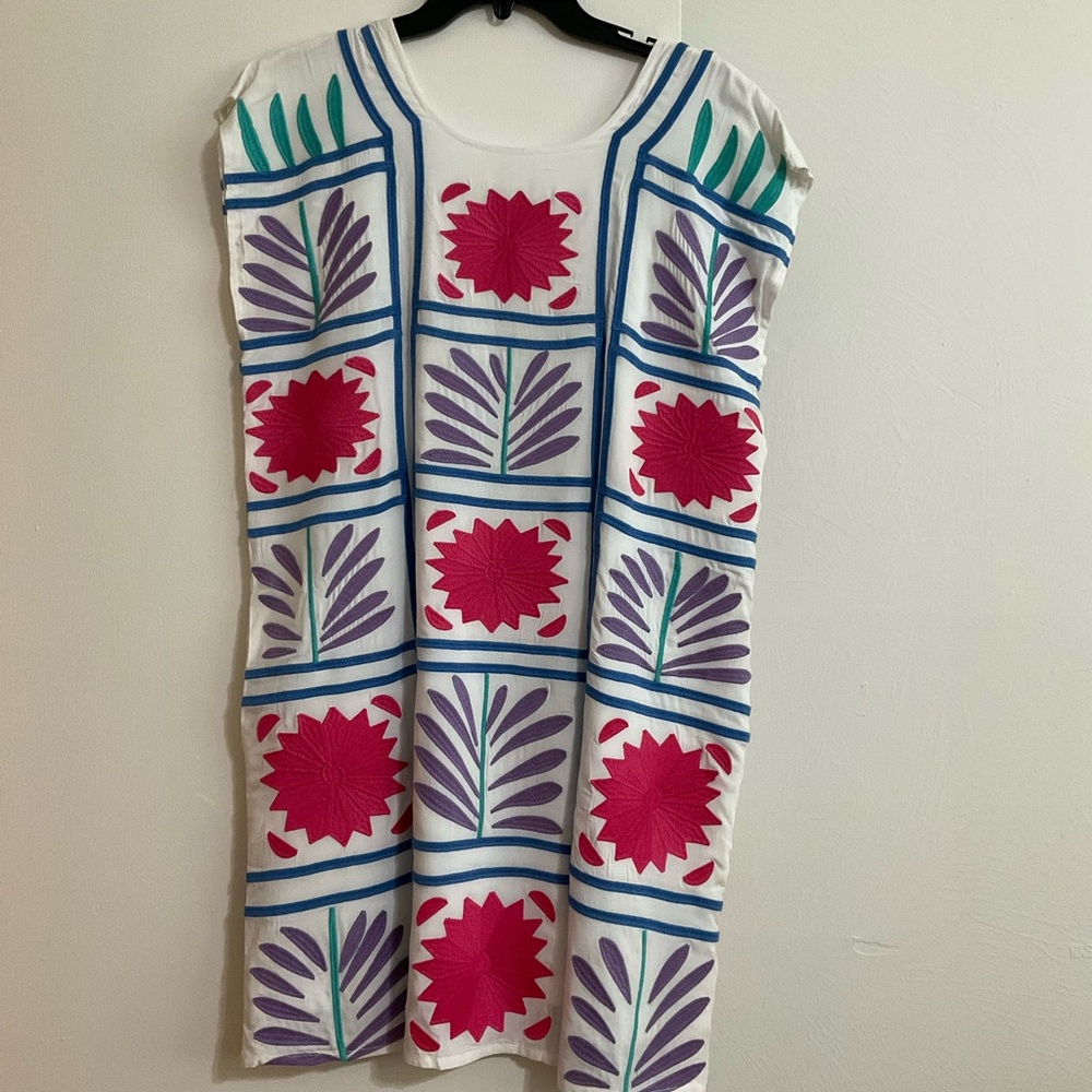 White Floral Embroidered Shift Dress with Pink & Purple Accents
